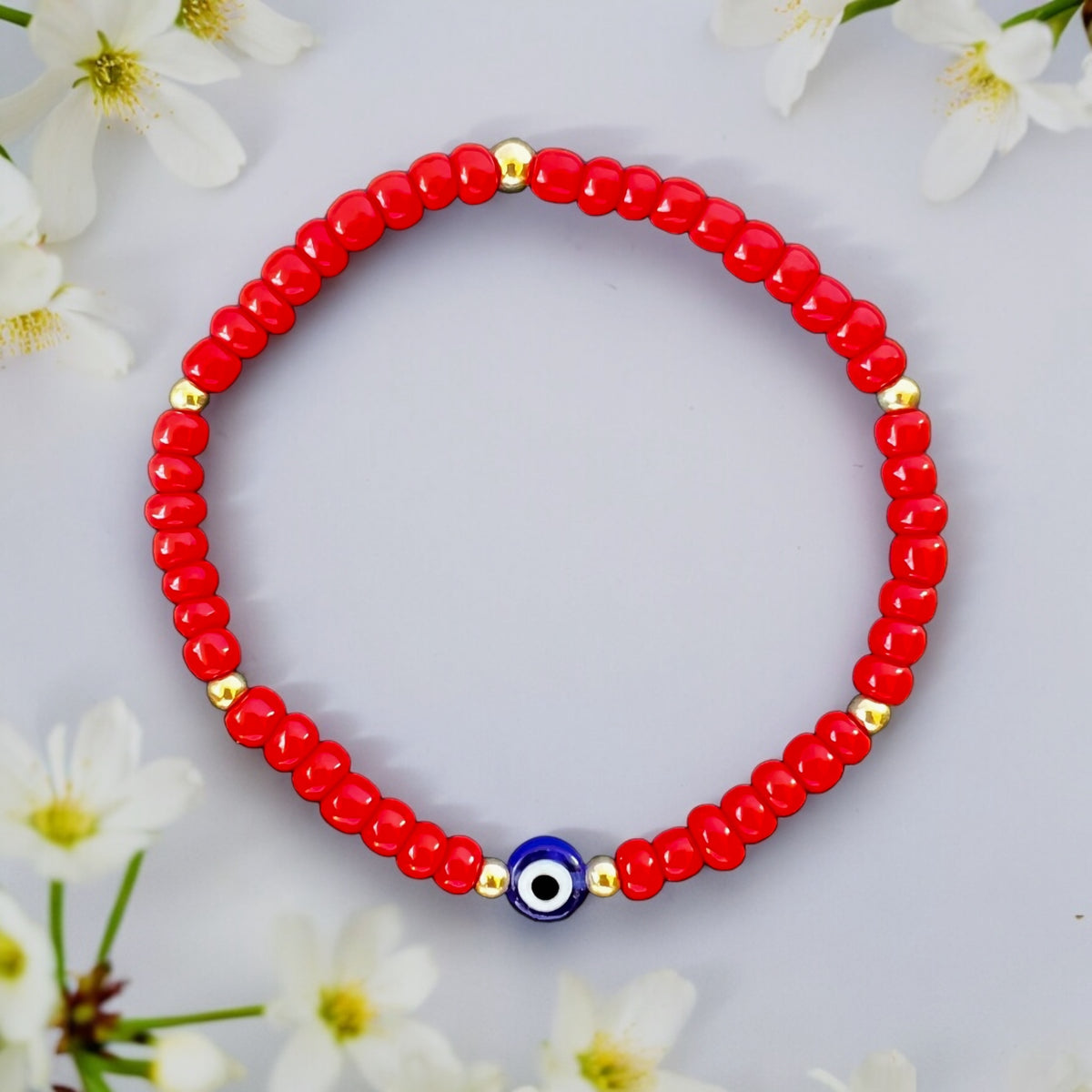Classic Blue Evil Eye Charm 4mm Red Glass Beads Bracelet – Cindy Vega