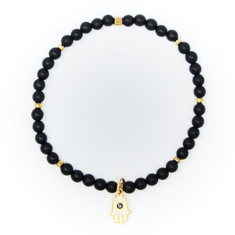 Onyx Matte with Gold Bracelet, Gold Hamsa with Evil Eye Charm and Clear Zirconia