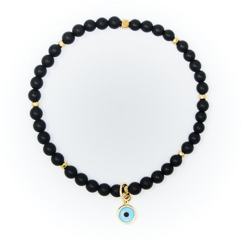 Onyx Matte with Gold Bracelet, Gold Blue Evil Eye Charm