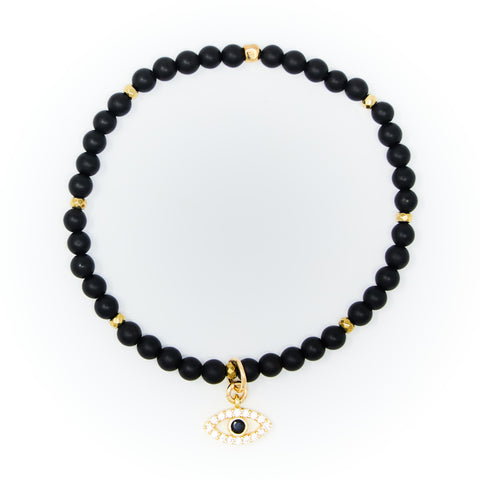 Onyx Matte with Gold Bracelet, Gold Evil Eye Charm with Black and Clear Zirconia