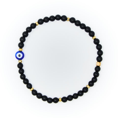 Onyx Matte with Gold Bracelet, Gold Blue Evil Eye Charm