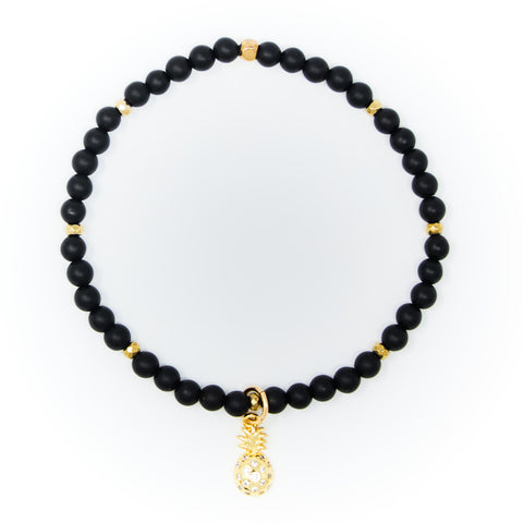 Onyx Matte with Gold Bracelet, Gold Pineapple Charm with Clear Zirconia