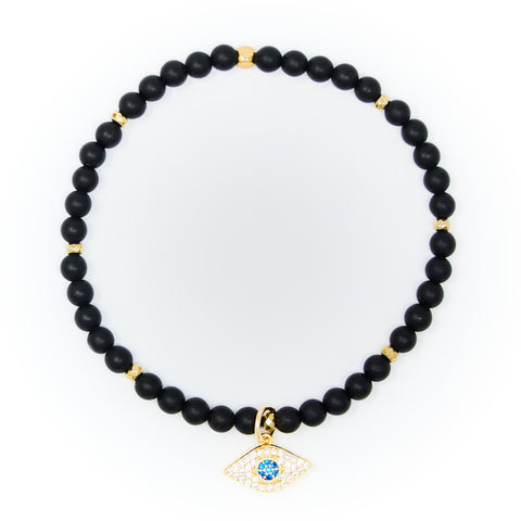 Onyx Matte with Gold Bracelet, Gold Evil Eye Charm with Clear and Blue Zirconia