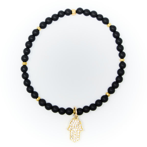 Onyx Matte with Gold Bracelet, Gold Hamsa Charm with Clear Zirconia