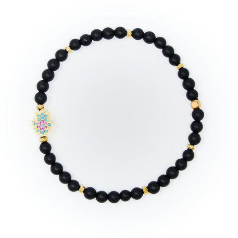 Onyx Matte with Gold Bracelet, Gold Hamsa Charm with Blue and Pink Zirconia