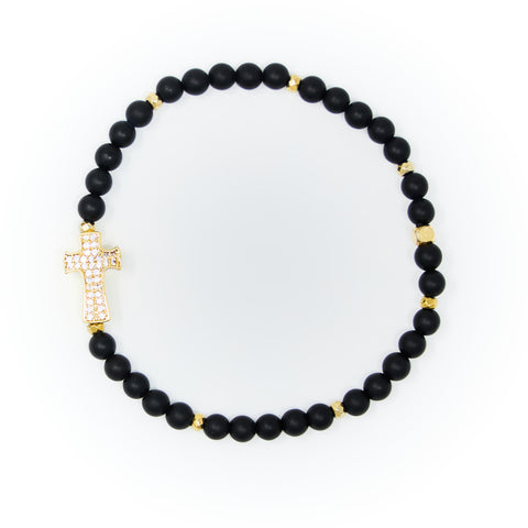 Onyx Matte with Gold Bracelet, Gold Cross Charm with Clear Zirconia