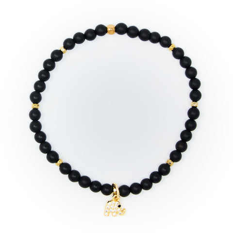 Onyx Matte with Gold Bracelet, Gold Elephant Charm with Clear Zirconia