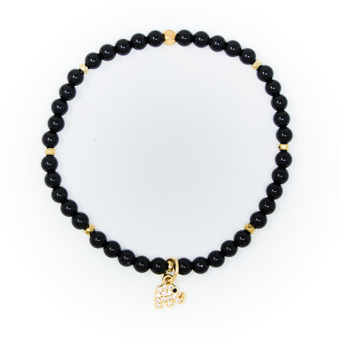Onyx Polished with Gold Bracelet, Gold Elephant Charm with Clear Zirconia