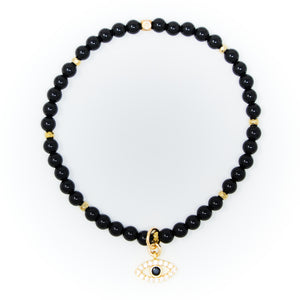 Onyx Polished with Gold Bracelet, Gold Hamsa Charm with Black and Clear Zirconia