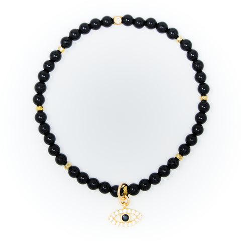 Onyx Polished with Gold Bracelet, Gold Hamsa Charm with Black and Clear Zirconia