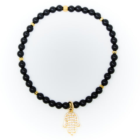 Onyx Polished with Gold Bracelet, Gold Hamsa Charm with Clear Zirconia