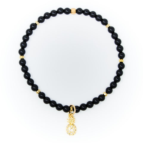 Onyx Polished with Gold Bracelet, Gold Pineapple Charm with Clear Zirconia