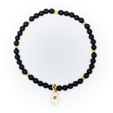 Onyx Polished with Gold Bracelet,  Gold Hamsa with Evil Eye Charm and Clear Zirconia