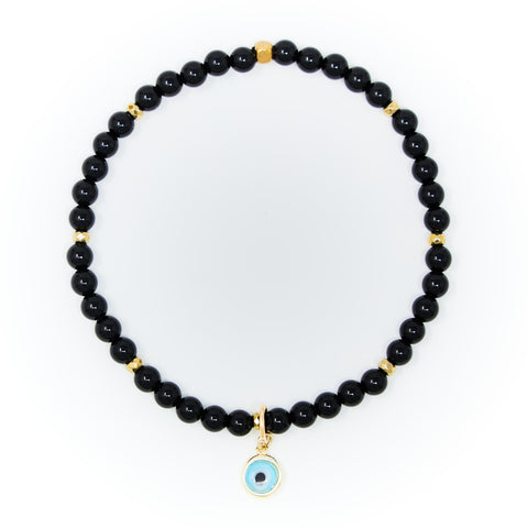 Onyx Polished with Gold Bracelet, Gold Blue Evil Eye Charm