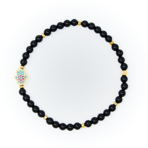 Onyx Polished with Gold Bracelet, Gold Hamsa Charm with Blue and Pink Zirconia