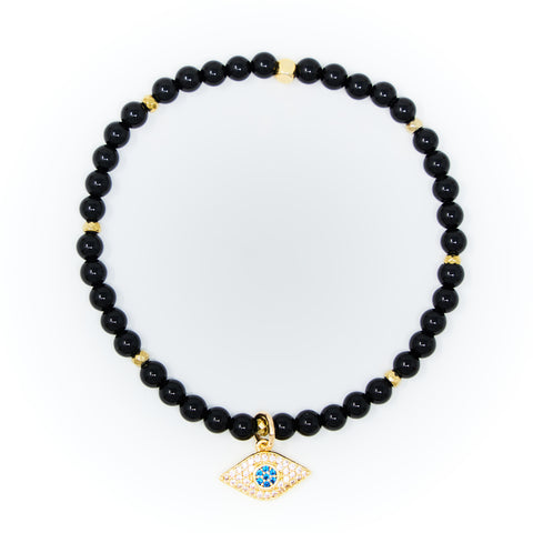 Onyx Polished with Gold Bracelet, Gold Evil Eye Charm with Clear and Blue Zirconia