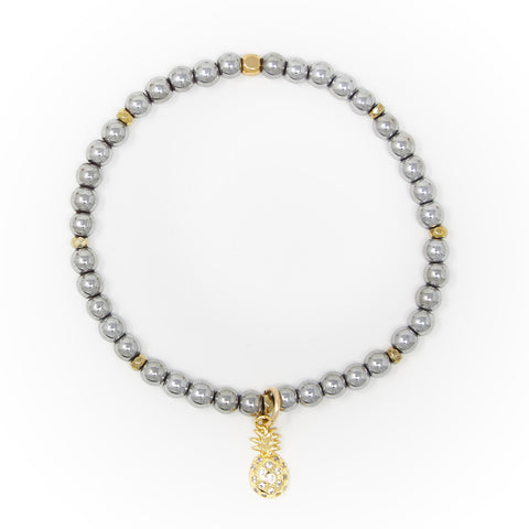 Hematite Polished with Gold Bracelet, Gold Pineapple Charm with Clear Zirconia