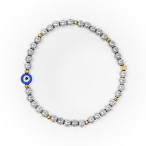 Hematite Polished with Gold Bracelet, Blue Evil Eye Charm