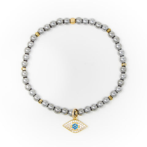 Hematite Polished with Gold Bracelet, Gold Evil Eye Charm with Blue and Clear Zirconia