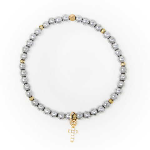 Hematite Polished with Gold Bracelet, Gold Cross Charm with Clear Zirconia