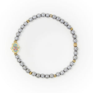 Hematite Polished with Gold Bracelet, Gold Hamsa Charm with Blue and Pink Zirconia