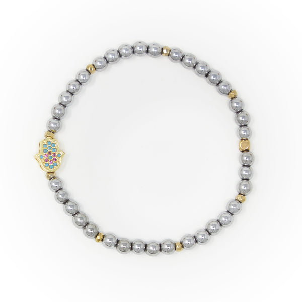 Hematite Polished with Gold Bracelet, Gold Hamsa Charm with Blue and Pink Zirconia