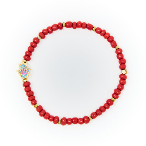 Red Sand Beads with Gold Bracelet, Gold Hamsa Charm with Blue and Pink Zirconia