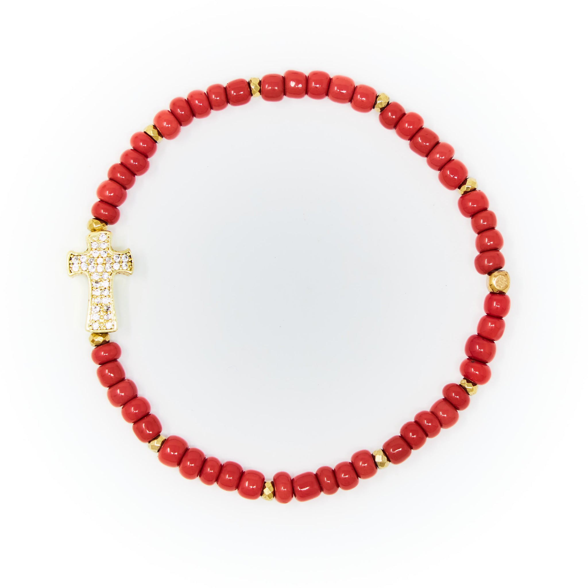 Red Sand Beads with Gold Bracelet, Cross Charm with Clear Zirconia