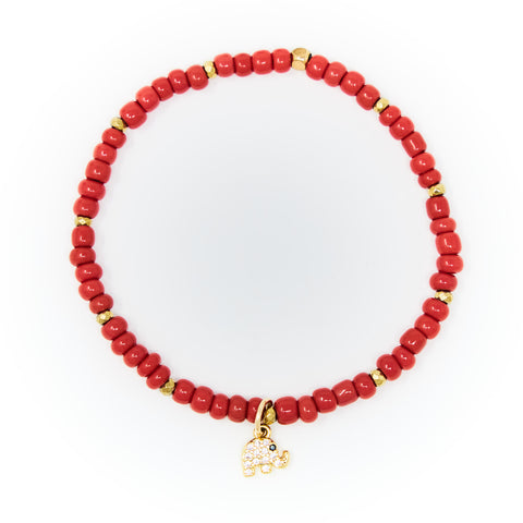 Red Sand Beads with Gold Bracelet, Gold Elephant Charm with Clear Zirconia