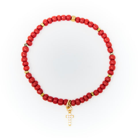 Red Sand Beads with Gold Bracelet, Gold Cross Charm with Clear Zirconia