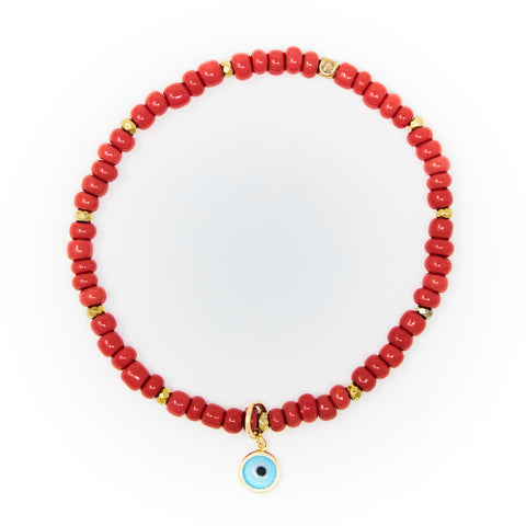 Red Sand Beads with Gold Bracelet, Gold Blue Evil Eye Charm