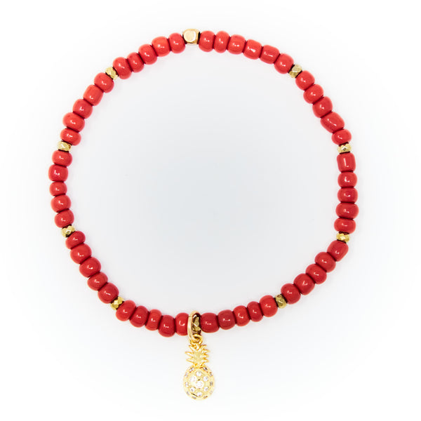 Red Sand Beads with Gold Bracelet, Gold Pineapple Charm with Clear Zirconia