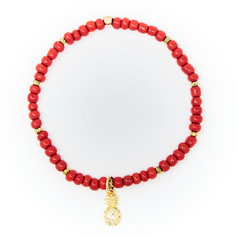Red Sand Beads with Gold Bracelet, Gold Pineapple Charm with Clear Zirconia