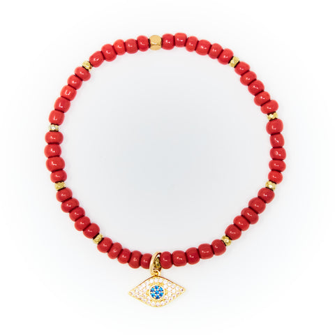 Red Sand Beads with Gold Bracelet, Gold Evil Eye Charm with Clear and Blue Zirconia