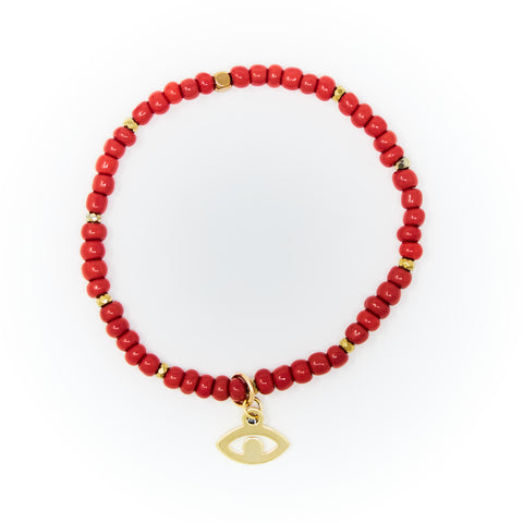 Red Sand Beads with Gold Bracelet, Gold Plain Evil Eye Charm