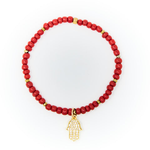 Red Sand Beads with Gold Bracelet,  Gold Hamsa Charm with Clear Zirconia