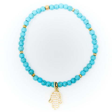Turquoise Matte with Gold Bracelet, Gold Hamsa Charm with Clear Zirconia