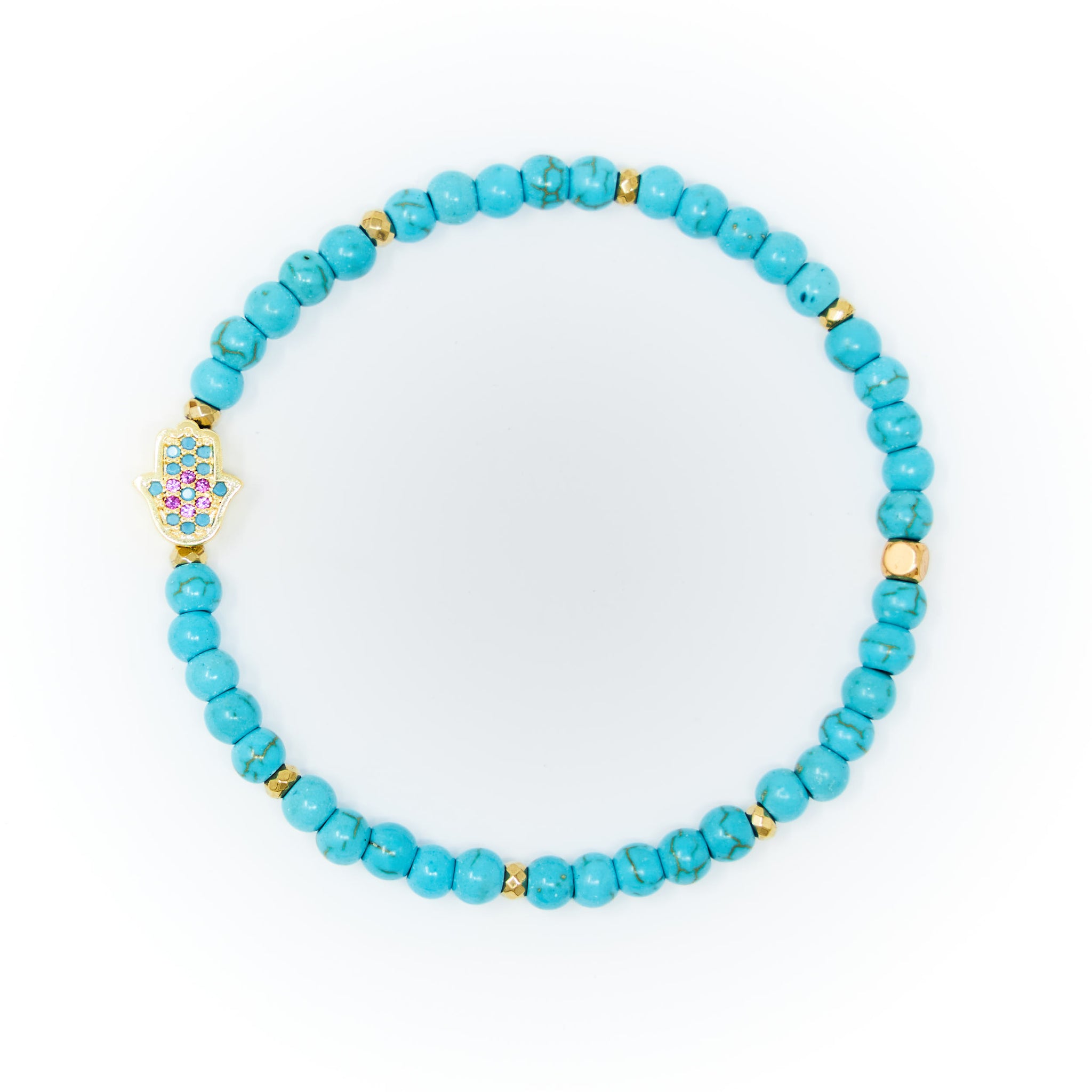 Turquoise Matte with Gold Bracelet, Gold Hamsa Charm with Blue and Pink Zirconia