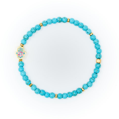 Turquoise Matte with Gold Bracelet, Gold Hamsa Charm with Blue and Pink Zirconia
