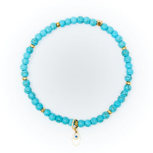 Turquoise Matte with Gold Bracelet, Gold Mini Hamsa Charm with Evil Eye