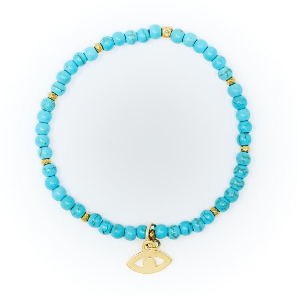 Turquoise Matte with Gold Bracelet, Gold Plain Evil Eye Charm