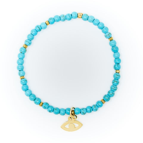 Turquoise Matte with Gold Bracelet, Gold Plain Evil Eye Charm