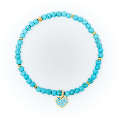 Turquoise Matte with Gold Bracelet, Gold Heart Charm with Turquoise Zirconia