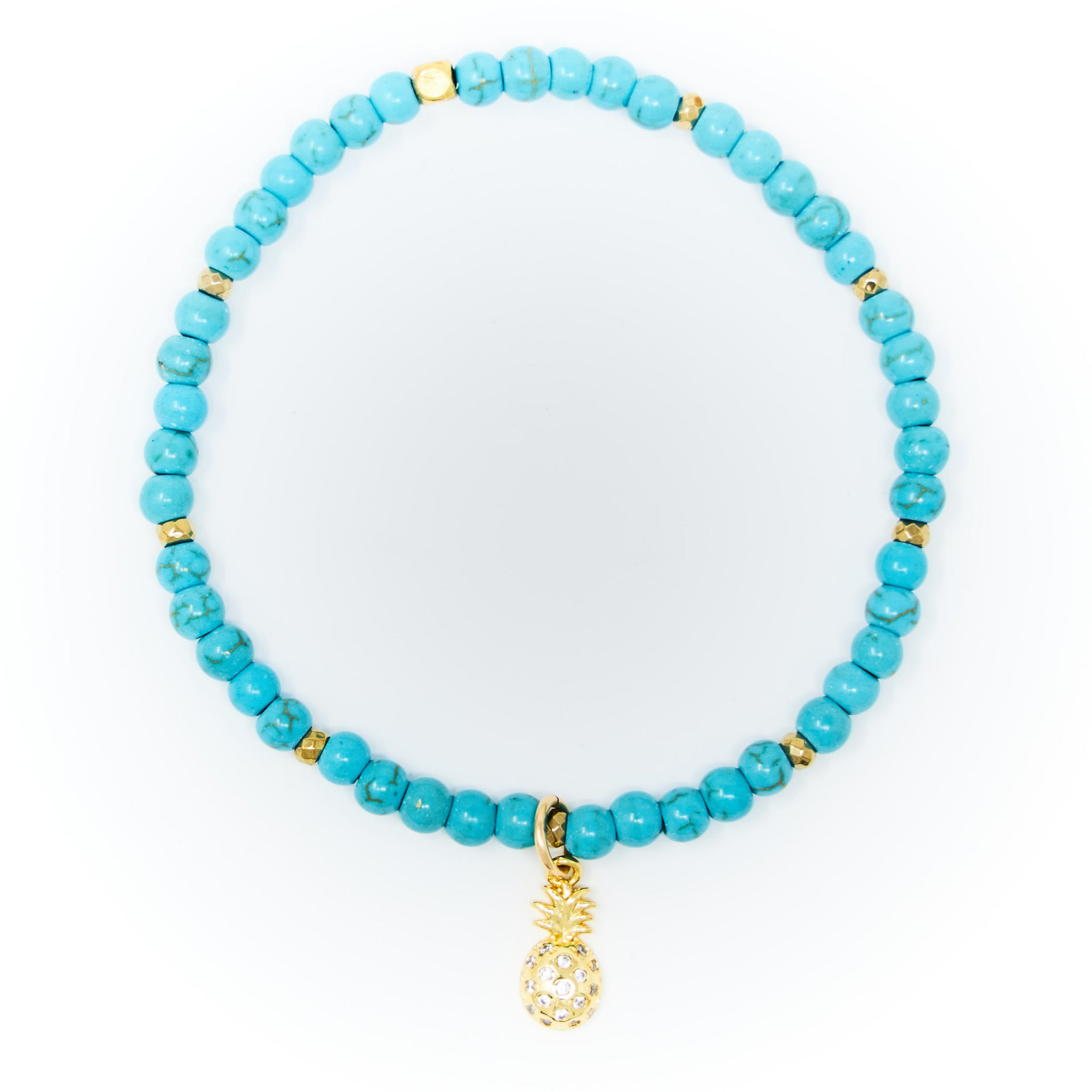 Turquoise Matte with Gold Bracelet, Gold Pineapple Charm with Clear Zirconia