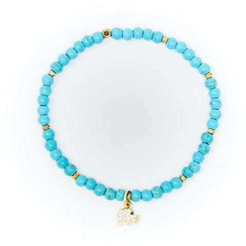 Turquoise Matte with Gold Bracelet, Gold Elephant Charm with Clear Zirconia