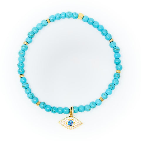 Turquoise Matte with Gold Bracelet, Gold Evil Eye Charm with Blue and Clear Zirconia