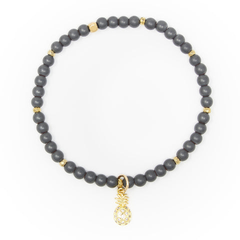 Hematite Matte with Gold Bracelet, Gold Pineapple Charm with Clear Zirconia