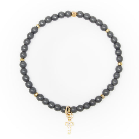Hematite Matte with Gold Bracelet, Gold Cross Charm with Clear Zirconia