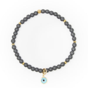 Hematite Matte with Gold Bracelet, Gold Blue Evil Eye Charm
