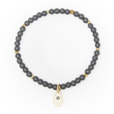 Hematite Matte with Gold Bracelet, Gold Hamsa with Evil Eye Charm and Clear Zirconia